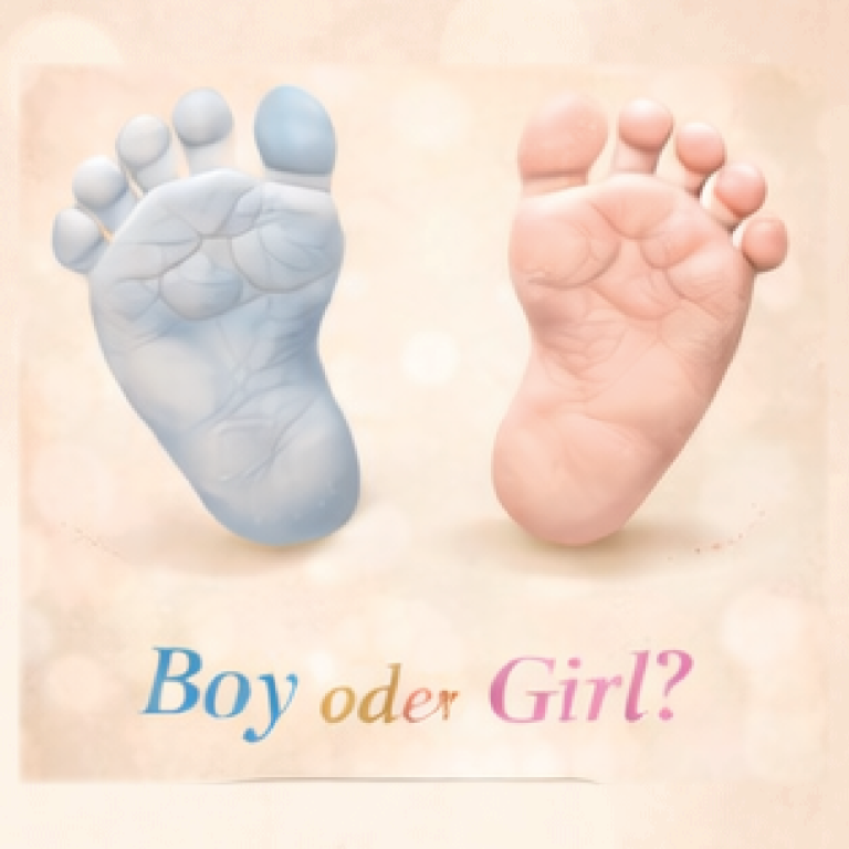 Gender Reveal Ansage zum Geschlecht: Junge oder Mädchen mit Symbolen und Fragezeichen.