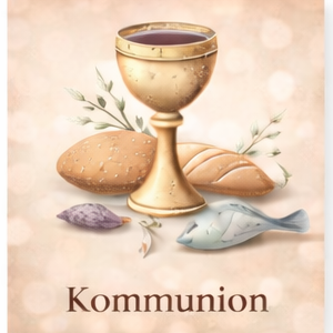 Kommunion Symbol für die Kommunion: Kelch mit Kreuz und Tauben, goldene Akzente.