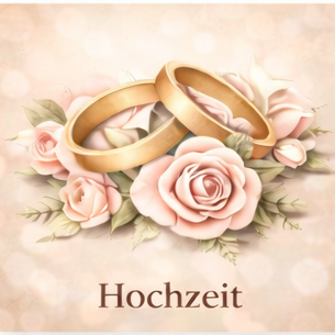 Hochzeit/Heiratsantrag Symbol für Heiratsantrag mit Ringen, Herz und Vogel, umgeben von einem sanften Hintergrund.